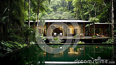Swimming pool in beautiful scenery, swimming pool in the jungle, swimming pool in a luxury hotel Cartoon Illustration