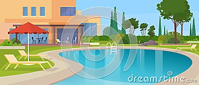 Swimming Pool Big Modern Villa Hotel House Exterior Vector Illustration