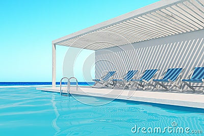 Swimming pool with blue deck chairs, ocean Stock Photo