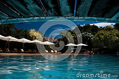 Swimming pool bridge reflection Stock Photo