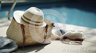 Swimming pool essentials concept. Beach bag with items for safe sunbathing on the deck, sunglasses, straw hat, AI Generative Stock Photo