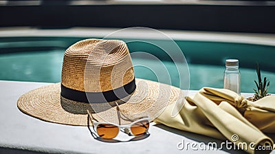Swimming pool essentials concept. Beach bag with items for safe sunbathing on the deck, sunglasses, straw hat, white blanket and Stock Photo