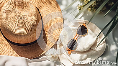 Swimming pool essentials concept. Beach bag with items for safe sunbathing on the deck, sunglasses, straw hat, AI Generative. Stock Photo