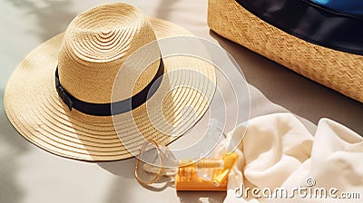 Swimming pool essentials concept. Beach bag with items for safe sunbathing on the deck, sunglasses, straw hat, AI Generative Stock Photo