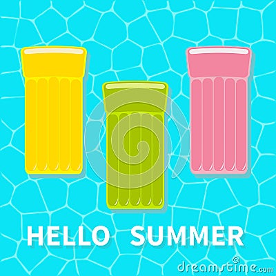 Swimming pool. Floating yellow green pink air pool float water mattress. Top aerial view. Hello Summer. Cute cartoon relaxing obje Vector Illustration