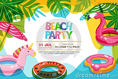 Swimming pool frame with flamingo and unicorn float kids toys. Beach party vector summer poster, banner design template. Vector Illustration