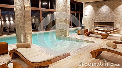 Swimming pool inside the splendid Hotel `Palacio de Sal` at the entrance of the Salar de Uyuni, Bolivia Editorial Stock Photo
