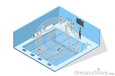 Swimming pool interior in school. Child learning to swim Vector Illustration