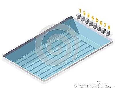 Swimming pool isometric. With numbers starting positions of starting blocks. Vector Illustration