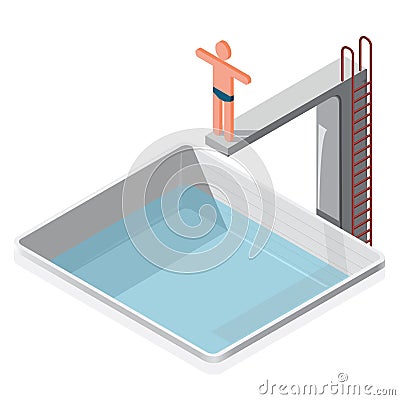 Swimming pool isometric. Sportsman in trunks prepares to water jumping. Vector Illustration