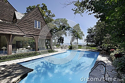 Swimming pool with lake view Stock Photo