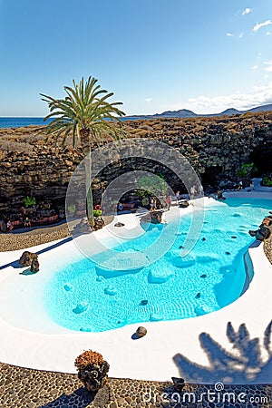 Swimming pool in the lava cave - Lanzarote - Spain Editorial Stock Photo