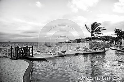 Swimming pool and panoramic sea view in Philipsburg, Sint Maarten Stock Photo