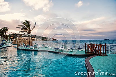 Swimming pool and panoramic sea view in Philipsburg, Sint Maarten Stock Photo