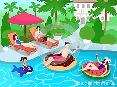 Swimming pool party for family and friends at luxury villa resort, summer vacation vector illustration Vector Illustration