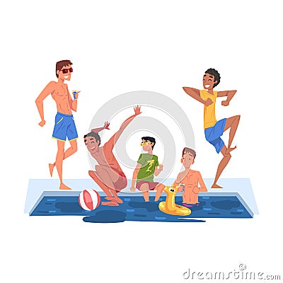 Swimming Pool Party, Happy Guys Having Fun Outdoors Enjoying Summer Vacation Cartoon Style Vector Illustration Isolated Vector Illustration