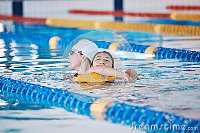 Swimming pool rescue, or woman with lifeguard for emergency, drowning accident or dangerous activity. Fitness training Stock Photo