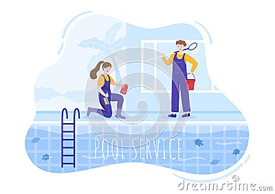 Swimming Pool Service Worker with Broom, Vacuum Cleaner or Net for Maintenance and Cleaning of Dirt in Flat Cartoon Illustration Vector Illustration