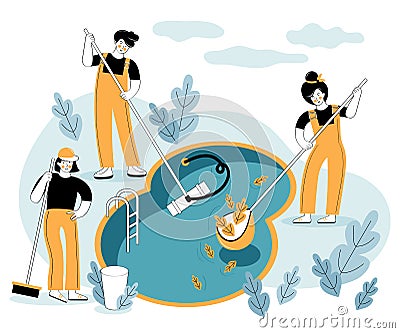 Swimming pool service worker with net cleaning water. Pool and outdoor cleaning, swimming pool service. Cleaning company Vector Illustration