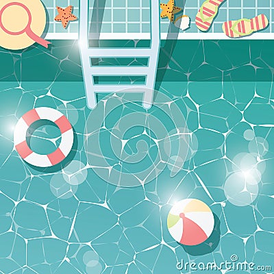 Swimming pool side, top view, summer time holiday vacation, clear water with beach items Vector Illustration