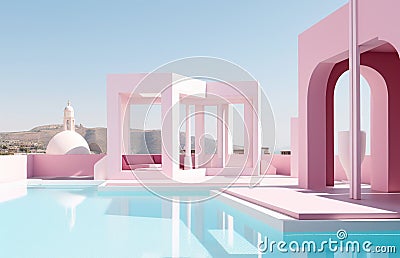 Swimming pool on sunny day. Summer minimalist architecture background. Created with generative Ai Stock Photo