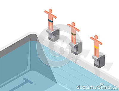 Swimming pool with swimmers, isometric. Sportsmen on springboard prepare swim. Vector Illustration