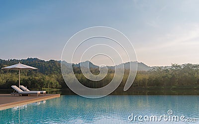 Swimming pool terrace and beautiful nature view 3d rendering image Stock Photo