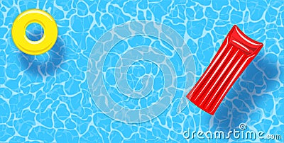 Swimming pool top view background. Rubber ring and raft floating on water Vector Illustration