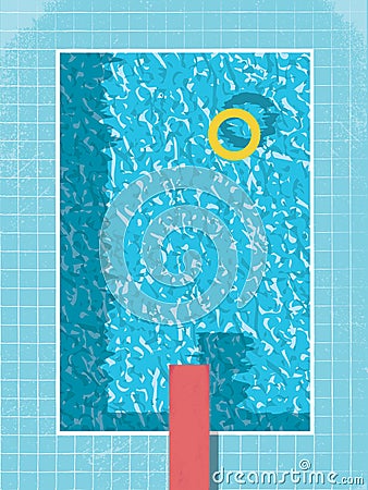 Swimming pool top view with inflatable ring preserver and red jump. 80s style vintage graphic design on grunge Vector Illustration