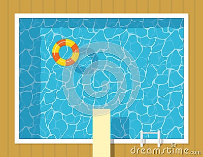 Swimming pool top view with inflatable ring and springboard jump. Vector Illustration