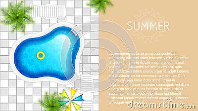 Swimming pool top view with umbrella, palm trees and loungers, vector illustration.Summer concept design Vector Illustration