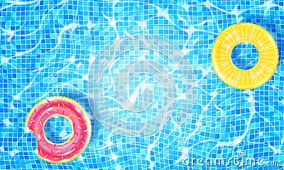 Swimming pool with two floating rings, caustic ripple and sunlight glare effect. Aquatic surface with waves background Cartoon Illustration