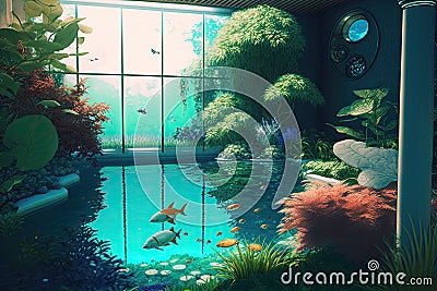 swimming pool with view of underwater garden, complete with colorful fish and underwater plants Stock Photo