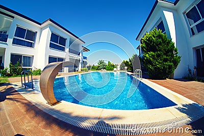 Swimming pool at villa extra wide angle fishe-eye lens Stock Photo