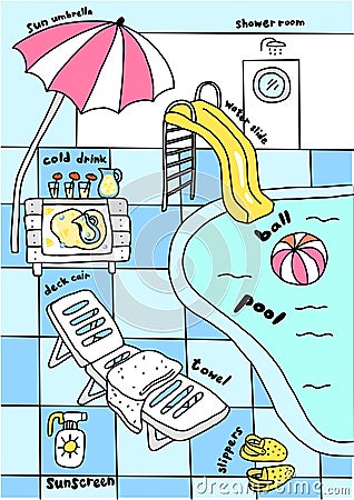 Swimming pool, water attractions. Aquapark. Deck chair under an umbrella. Sunscreen. Slippers and an inflatable ball Vector Illustration