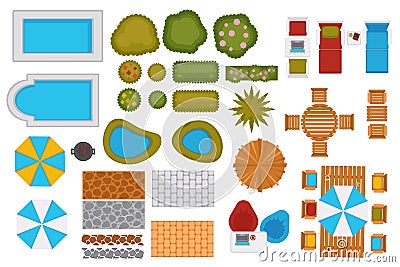 Swimming pools and backyard design elements set Vector Illustration