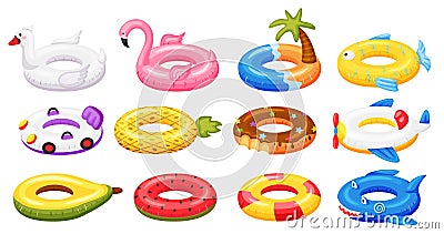 Swimming ring. Inflatable pool accessories, floating rubber toys watermelon, pineapple, donut, flamingo. Cartoon summer Vector Illustration