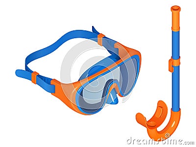 Swimming set. Snorkel and mask in isometric view, blue and orange vector illustration Vector Illustration