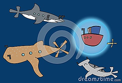 Swimming with Sharks Vector Illustration