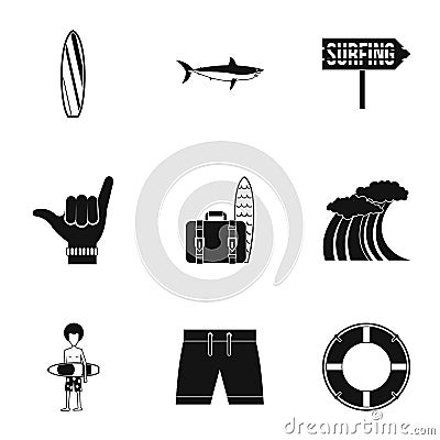 Swimming on surfboard icons set, simple style Vector Illustration