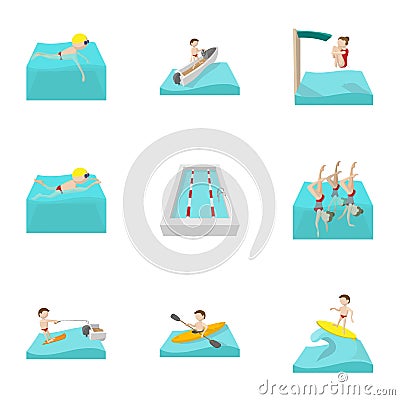 Swimming on water icons set, cartoon style Vector Illustration