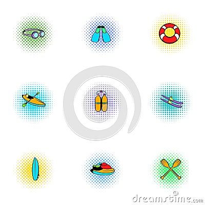 Swimming on water icons set, pop-art style Vector Illustration