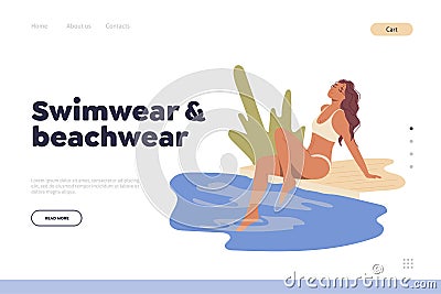 Swimwear and beachwear concept for landing page with happy woman rest on pond lake or river bank Vector Illustration