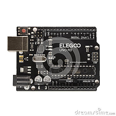 ELEGOO UNO R3 Arduino Clone on a white background. Editorial Stock Photo