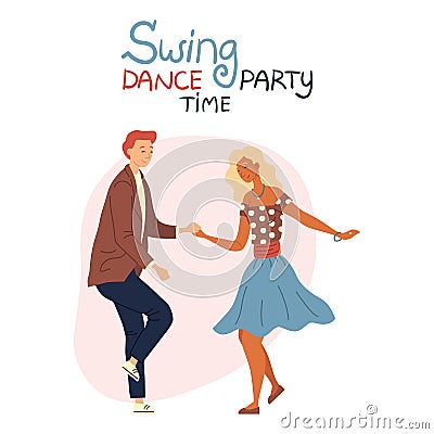 Swing Dance Party Time Concept Isolated On The White Background. Young Pretty Couple is Dancing Swing, Rock and Roll or Vector Illustration