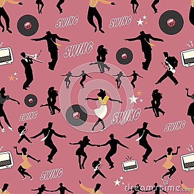 Swing dance pattern. Dancers and musicians. Retro style. Vector Illustration