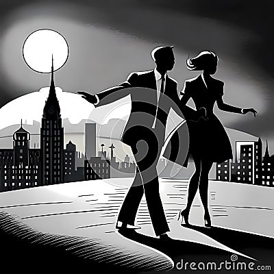 Swing dansers in the moonlight Cartoon Illustration