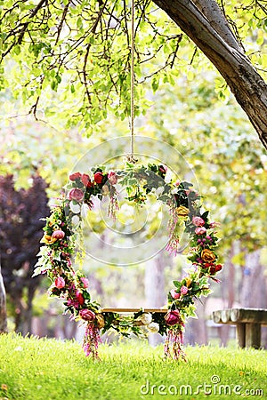 Swing, DIY floral hanging hoop Stock Photo