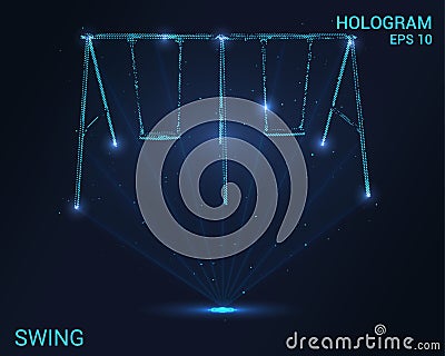 Swing a hologram. Holographic projection of a swing. A flickering energy stream of particles. The scientific design of the swing Stock Photo