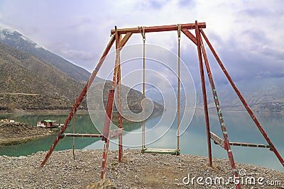 Swing with tortum lake view in Uzundere, Erzurum Stock Photo